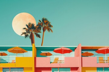 Retro collage of beach club architecture building outdoors.