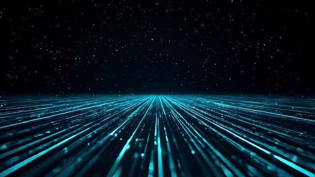 Experience captivating motion graphics featuring bright blue light lines stretching across a dark cosmos filled with stars. The dynamic visuals create an immersive journey through space