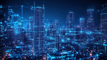Cityscape at night, network connections, futuristic view, possible use for technology or innovation