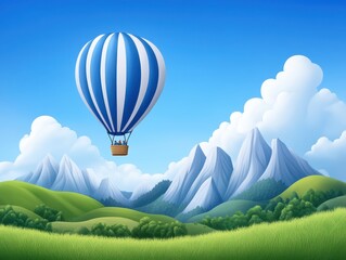 Obraz premium Colorful hot air balloon soaring over majestic mountains and lush green hills