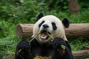 Naklejka premium Adorable Giant Panda Enjoying Fresh Bamboo Shoots in its Natural Habitat