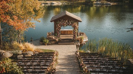 Rustic lakeside wedding ceremony setup with floral arch and wooden gazebo.  Rows of chairs await guests.