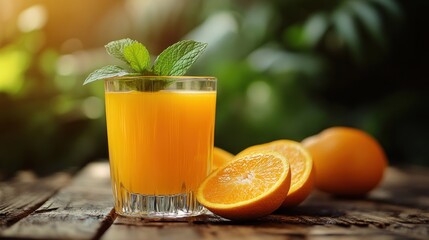 Fototapeta premium Fresh orange juice in a glass with mint leaves, surrounded by sliced oranges on a wooden table. Outdoor, garden setting.