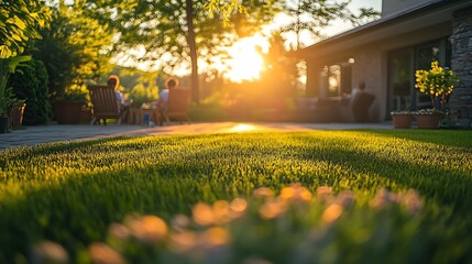 Golden hour backyard gathering with family enjoying peaceful evening outdoors. Cozy patio setting with greenery and sunset glow. Home relaxation. National Backyard Day celebration