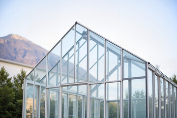 Fototapeta premium Sunlight illuminating modern greenhouse structure with open roof vent, promoting ventilation and precise climate control for optimal plant growth