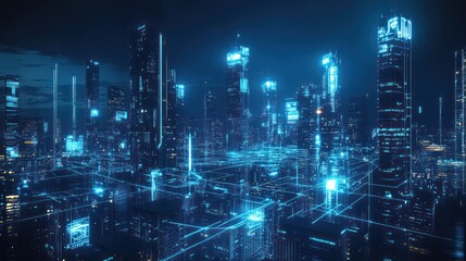 Futuristic city skyline at night with glowing digital network