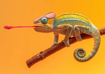 Fototapete Rund A vibrant blue and yellow chameleon sits on a wooden branch, extending its red tongue against a bright yellow background.  © Karat