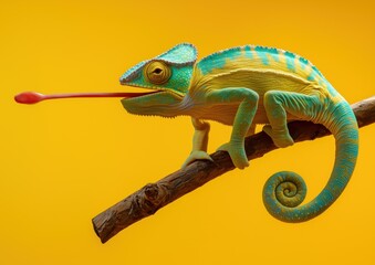 A vibrant blue and yellow chameleon sits on a wooden branch, extending its red tongue against a bright yellow background.