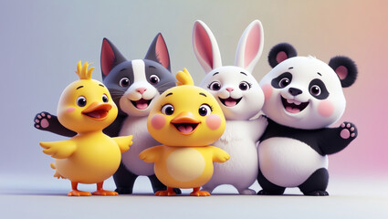 Cartoon friends: Cute chick, kitten, bunny, and panda, all smiling and together in a colorful and friendly animated scene.