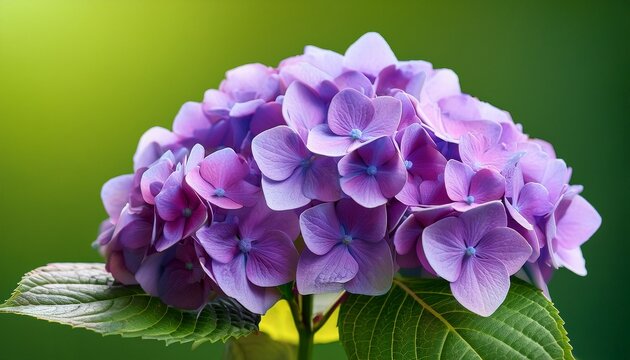 purple hydrangea flowers isolated on green