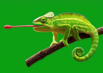 Fototapeta premium A bright green chameleon perches on a branch, extending its red tongue against a vivid green background. Its intricate scales, curled tail, and striking colors create a captivating and surreal visual.