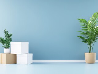 Modern interior design featuring potted plants and decorative boxes on blue wall