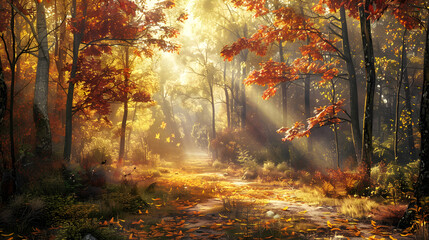 Obraz premium Autumn's Embrace: An Enchanting Forest Bathed in Golden Sunlight
