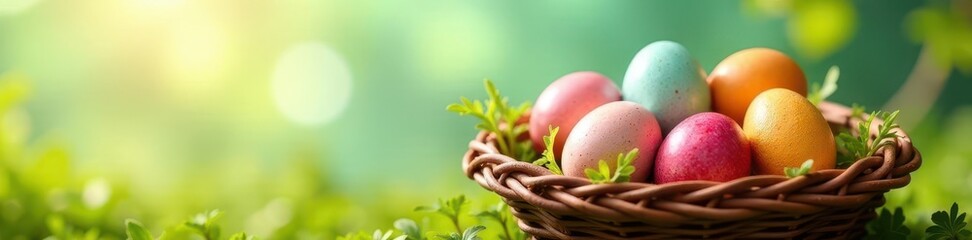 Brightly colored eggs nestled in rustic basket, sunny sky, colorful, blue sky