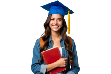 Portrait of a smiling young female college student wearing square academic cap and holding book, isolated on transparent background