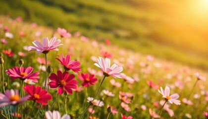 Fototapeta premium Cosmos flowers sway gently in a vast field, bathed in sunlight, landscape, delicate