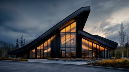 Fototapeta premium modern urban retail, modern and urban aesthetic showcased by a retail building exterior with a blend of wood, metal, and glass materials in an industrial style