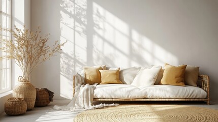 boho home decor, boho interior with a comfy linen sofa, pastel pillows, and soft natural light, creating a cozy space ample room for text