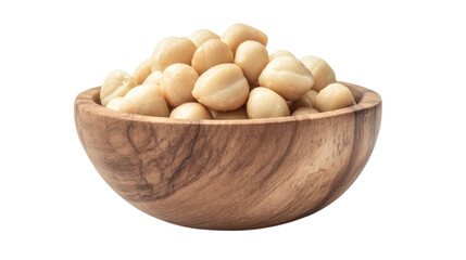 Macadamia nuts in a wooden bowl isolated on white background