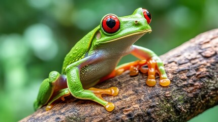 Naklejka premium A vivid close-up of a red-eyed tree frog perched on a branch, showcasing its striking colors and textures, This image is perfect for nature articles, educational materials, or wildlife documentaries,