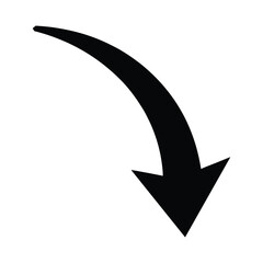 A bold, black curved arrow pointing downward to the right. The arrow has a thick, smooth stroke with a sharp arrowhead. It is set against a plain white background. silhouette vector illustration.