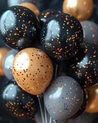 A vibrant arrangement of black, gold, and gray balloons adorned with confetti, perfect for celebrations