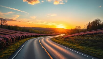 Sun-drenched asphalt road curves through vibrant spring countryside at sunset, asphalt, warm light