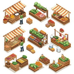 Fototapeta premium Isometric Wooden Stalls at Agriculture Market