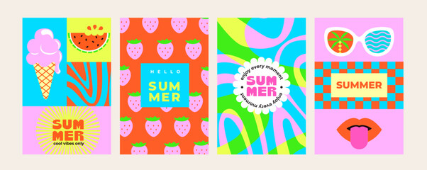 Obraz premium Set of summer bright flyers with simple shapes and symbols of hot season - watermelon,ice cream, sunglasses, strawberry pattern. Template for banners, posters,covers,web,marketing and print.Vector