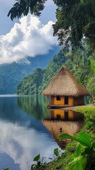 Obraz premium Serene Lakeside Hut Surrounded by Lush Green Mountains at Dawn