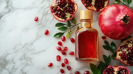 natural skincare product display, a marble countertop displaying a pomegranate oil bottle with a wooden cap, surrounded by fresh seeds and greenery