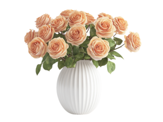 Peach Roses in a White Ribbed Vase on a Transparent Background