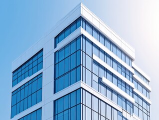 Fototapeta premium Modern glass office building with sleek design against a clear blue sky