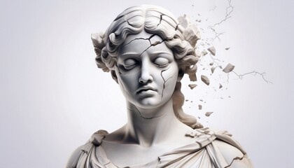 Realistic marble woman statue with cracked head isolated on white. Headache, mental health and anxiety concept