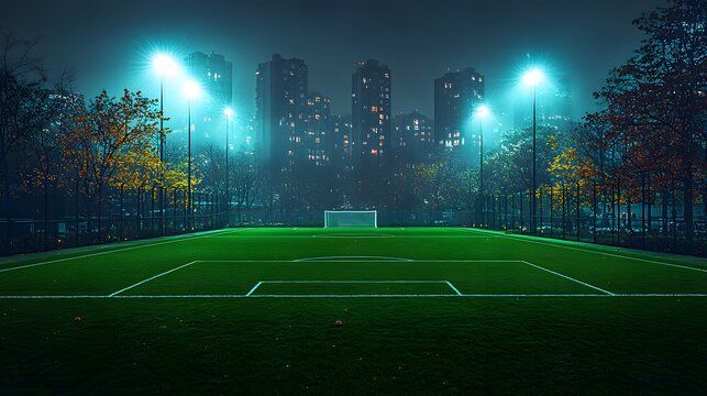 A small soccer field with artificial turf, lit by bright floodlights at night, with a city skyline in the distance.
