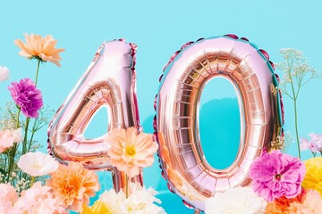 foil balloons shaped 40 with pastel flowers, festive.