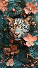 Obraz premium A majestic leopard's face, framed by lush, vibrant tropical flowers in a captivating blend of warm and cool tones. A beautiful digital art piece.