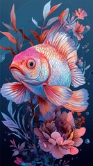 Fototapeta premium Vibrant illustration of a goldfish swimming amidst a profusion of flowers. The rich colors and intricate details create a captivating underwater scene.
