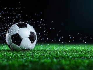 Fototapeta premium A close-up of a wet soccer ball on lush green grass with water droplets glistening