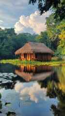 Obraz premium Serene Lakeside Hut Surrounded by Lush Green Mountains at Dawn