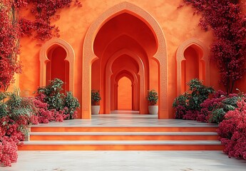 Fototapeta premium Vibrant Orange Architectural Arches Framed by Bougainvillea and Green Plants Leading to Tiered Steps