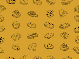 Cookies and biscuits doodle set. Chocolate Chip Cookies doodle seamless pattern.  Collection of hand-drawn pastries. Cute cookie seamless pattern background. biscuits pattern background. 
