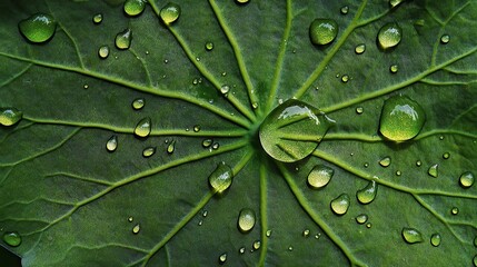 A macro of lotus leaf textures creating a natural grid of symmetrical lines and subtle gradients of green with drops of clear water resting on the surface --ar 16:9 - Image #4 @HS