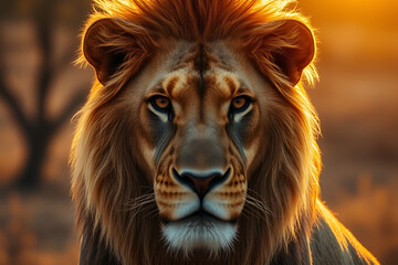 Naklejka premium majestic lion portrait, golden hour lighting, detailed fur texture, intense eyes, regal expression, close-up shot, vibrant warm colors, dramatic lighting, shallow depth of field, high-resolution 