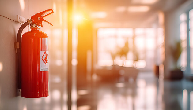 Bright red fire extinguisher mounted on a modern office wall. Safety equipment in a workplace. Concept of fire prevention, safety protocols, emergency preparedness, office safety