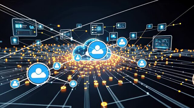 Cloud Computing Network with Digital Data Connections and User Icons in a Futuristic Cybersecurity Interface

