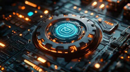 Fototapeta premium Futuristic gear, play button, circuit board, digital tech, background glow