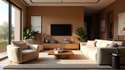 A contemporary living room featuring a large television, stylish furniture, and bright, inviting decor