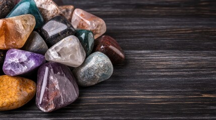 crystal healing display, healing crystals on a wooden surface symbolize peace, energy, and mindfulness with room for text