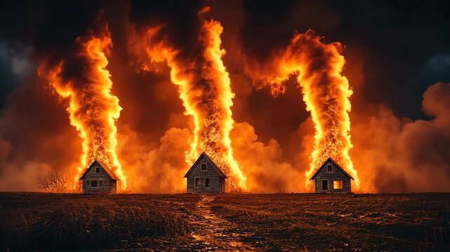 Inferno Trilogy: Three Houses Engulfed in Fiery Destruction